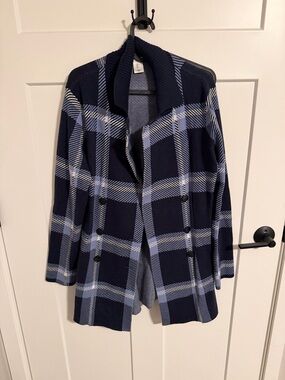 Max Studio Navy Blue Plaid Knit Coatigan